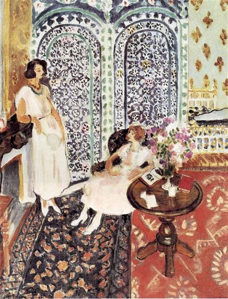 Matisse painting of two women in white in an ornate Moorish interior with decorative screen and red patterned rug