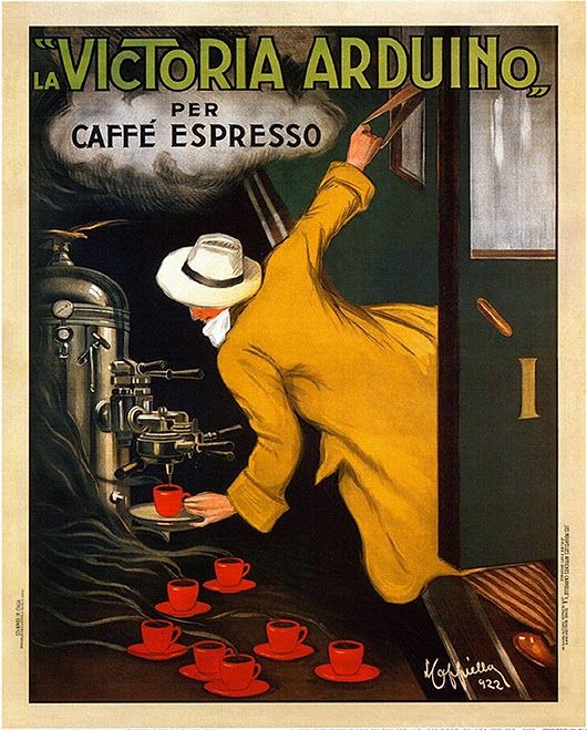 Vintage poster of a man in yellow coat reaching toward an espresso machine with red coffee cups