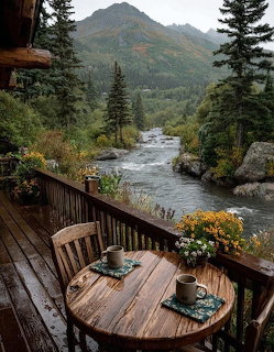 Wooden deck with table and coffee cups overlooking a mountain river surrounded by pine trees