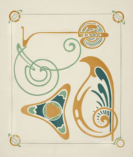 Art Nouveau decorative print with swirling geometric patterns in teal and gold on cream background
