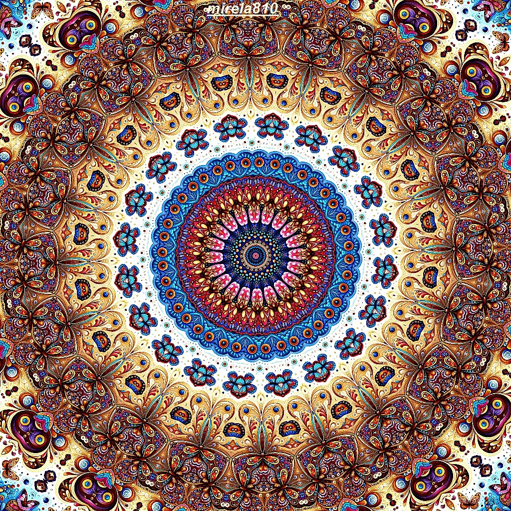Detailed circular mandala with intricate geometric patterns in blue, red, gold, and brown