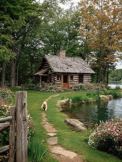 Rustic log cabin by a lakeshore with trees, flowers, a grassy path, and a small dog