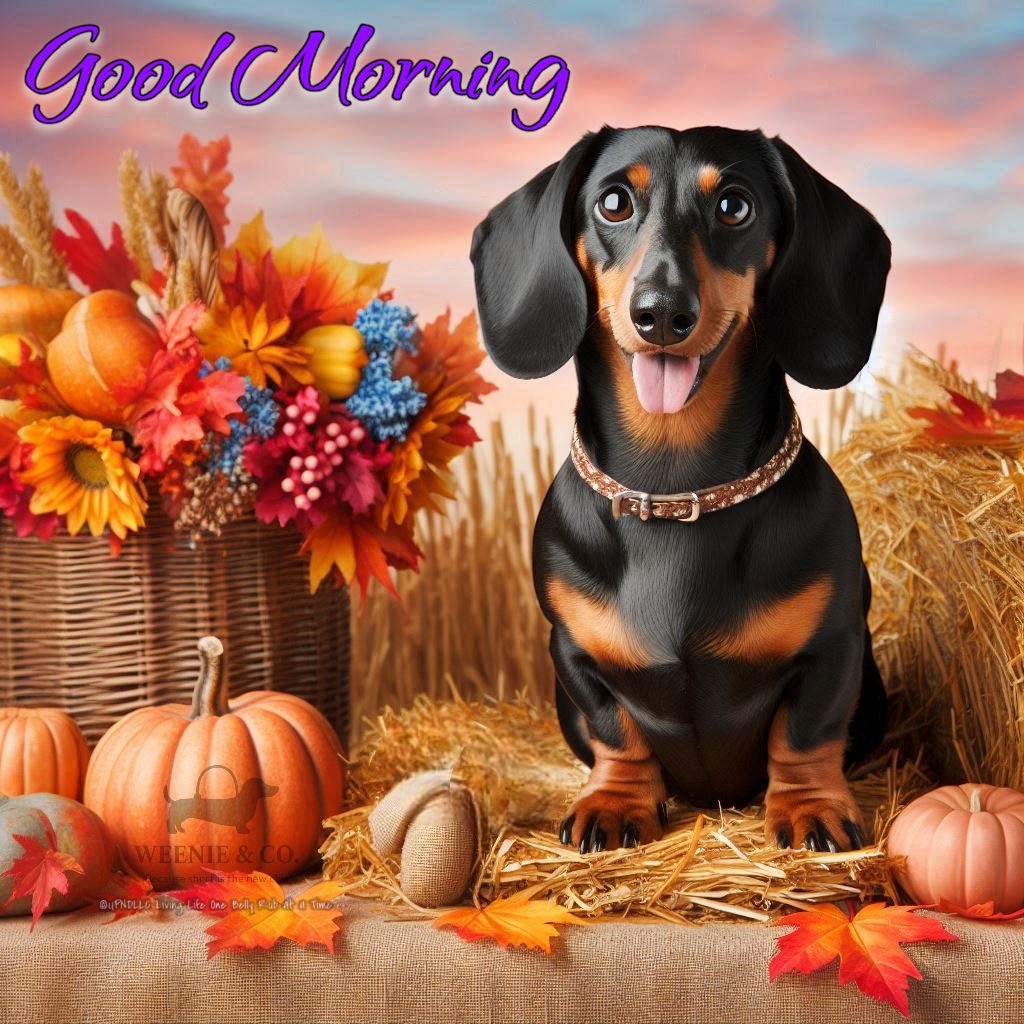 Black and tan dachshund sitting on hay with pumpkins, autumn leaves, flowers, and a basket