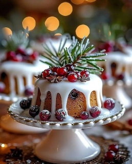 Christmas cake topped with berries and pine branches on white cake stand with holiday bokeh lights