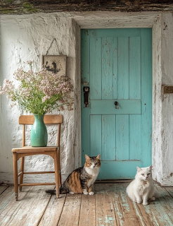Two cats sitting by a rustic turquoise door with a chair and vase of dried flowers