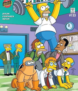 Homer Simpson lifting weights above his head in a gym with other Simpsons characters watching