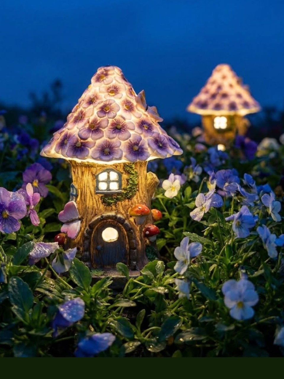 Glowing miniature mushroom house surrounded by purple flowers at dusk