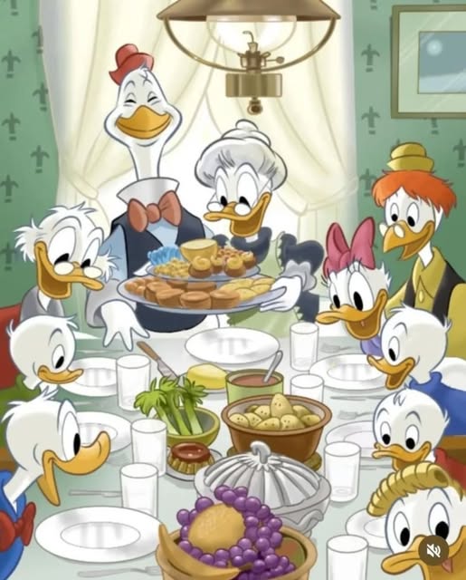 Disney duck characters including Donald, Daisy, Huey, Dewey, Louie and Grandma Duck at a dinner table