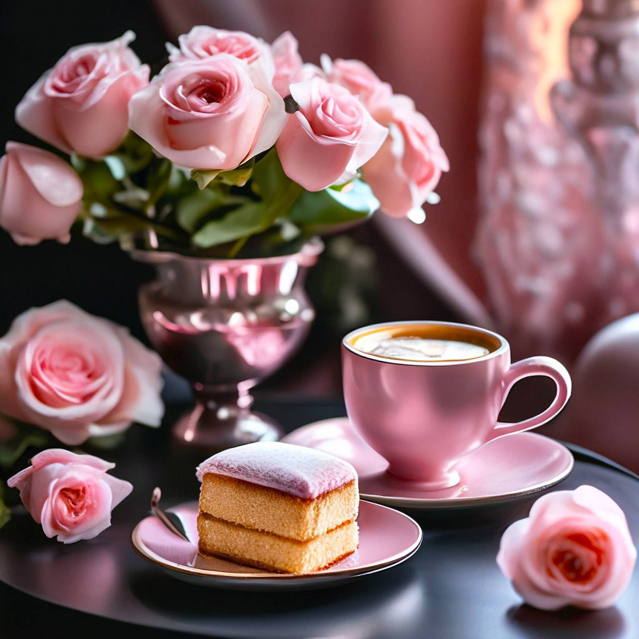 Layered cake and pink coffee cup with pink roses on a dark tabletop