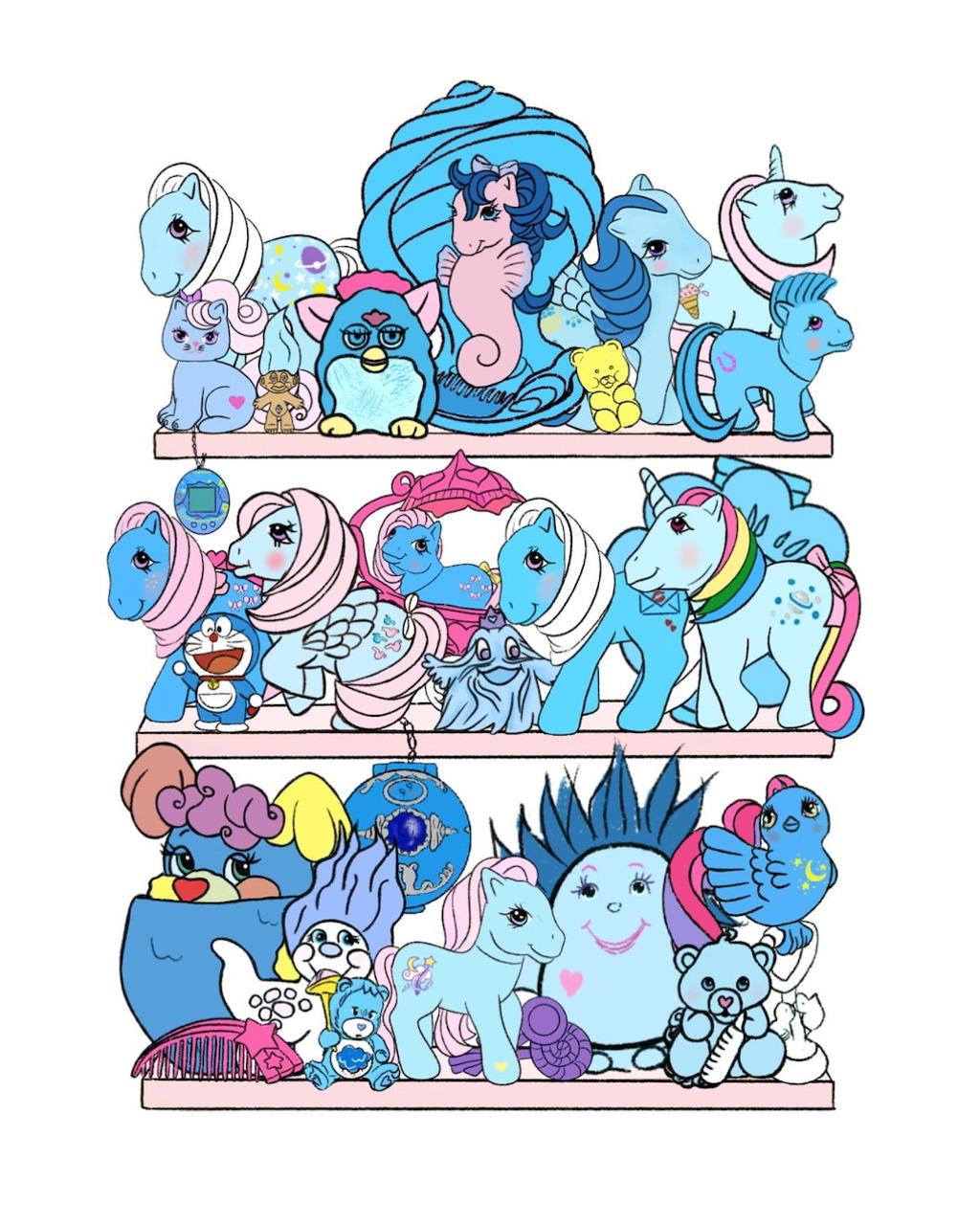 Illustration of three shelves filled with blue toy figurines including My Little Ponies and plush characters