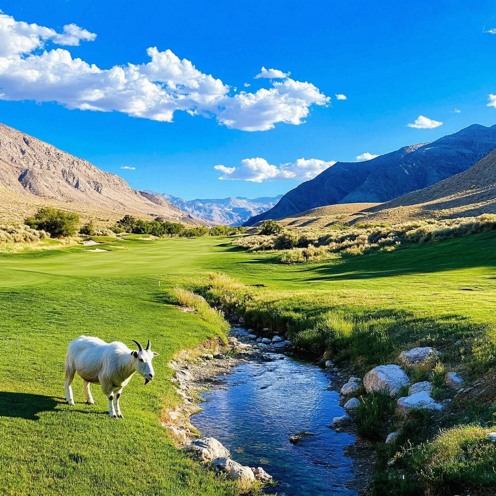 White cow grazing beside a stream in a green mountain valley with blue sky