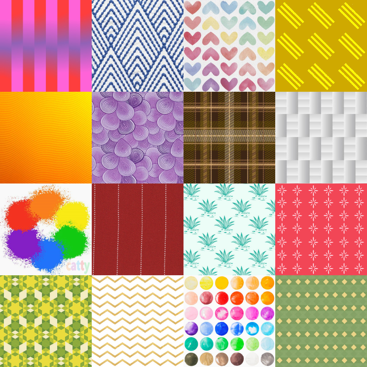 Grid of 20 colorful pattern squares with various geometric designs and textures