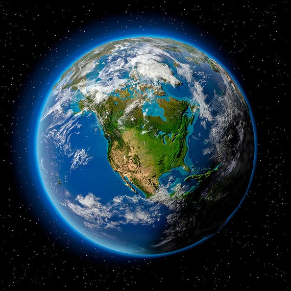 Planet Earth from space showing North America, blue oceans, white clouds, and continental landmasses against starry sky