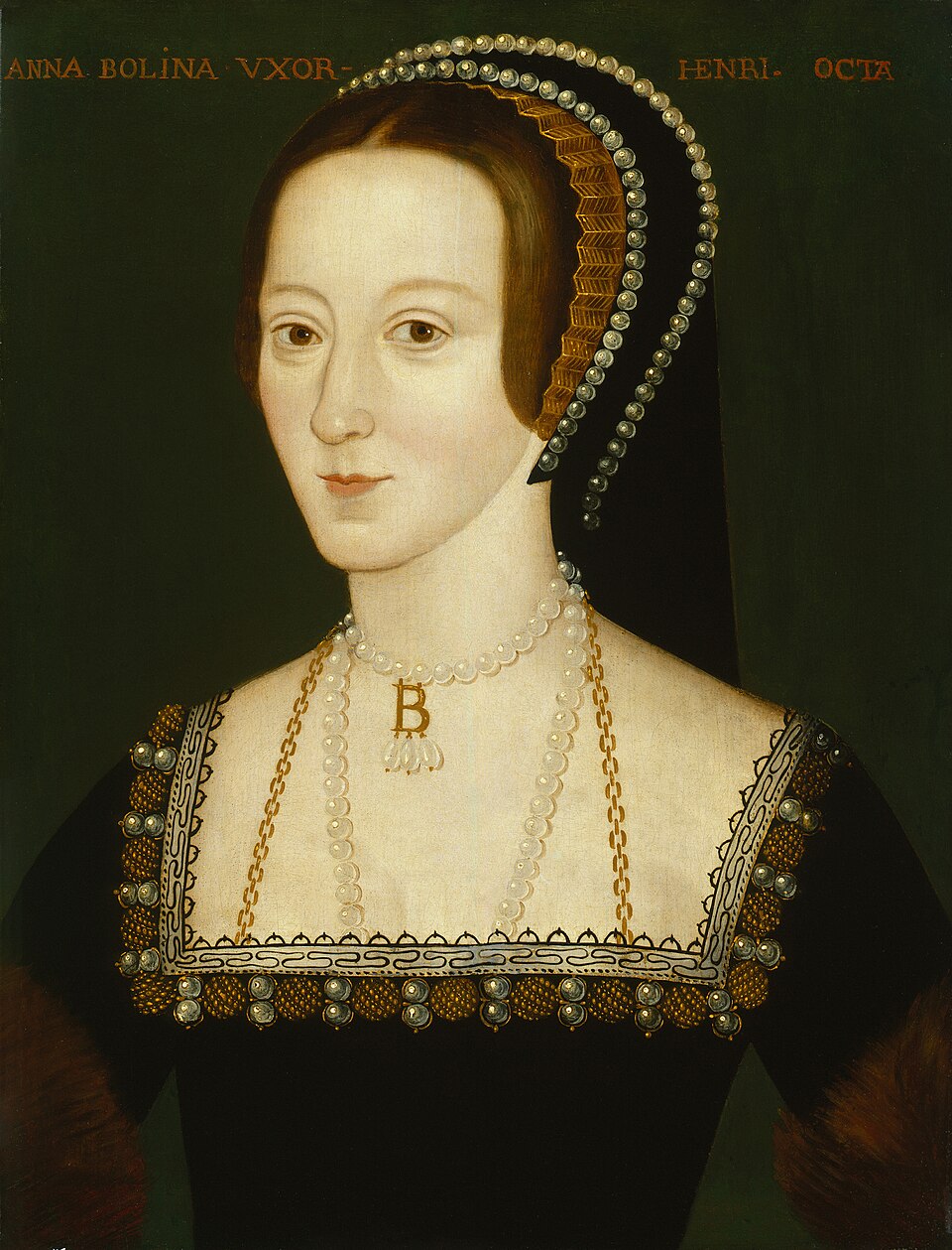 Portrait painting of Anne Boleyn in dark gown and gable hood with pearl B necklace.