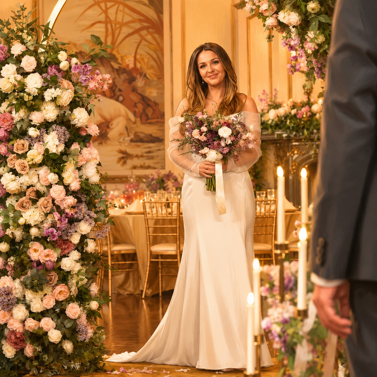 Bride in a white wedding dress holding a bouquet in a decorated indoor wedding venue