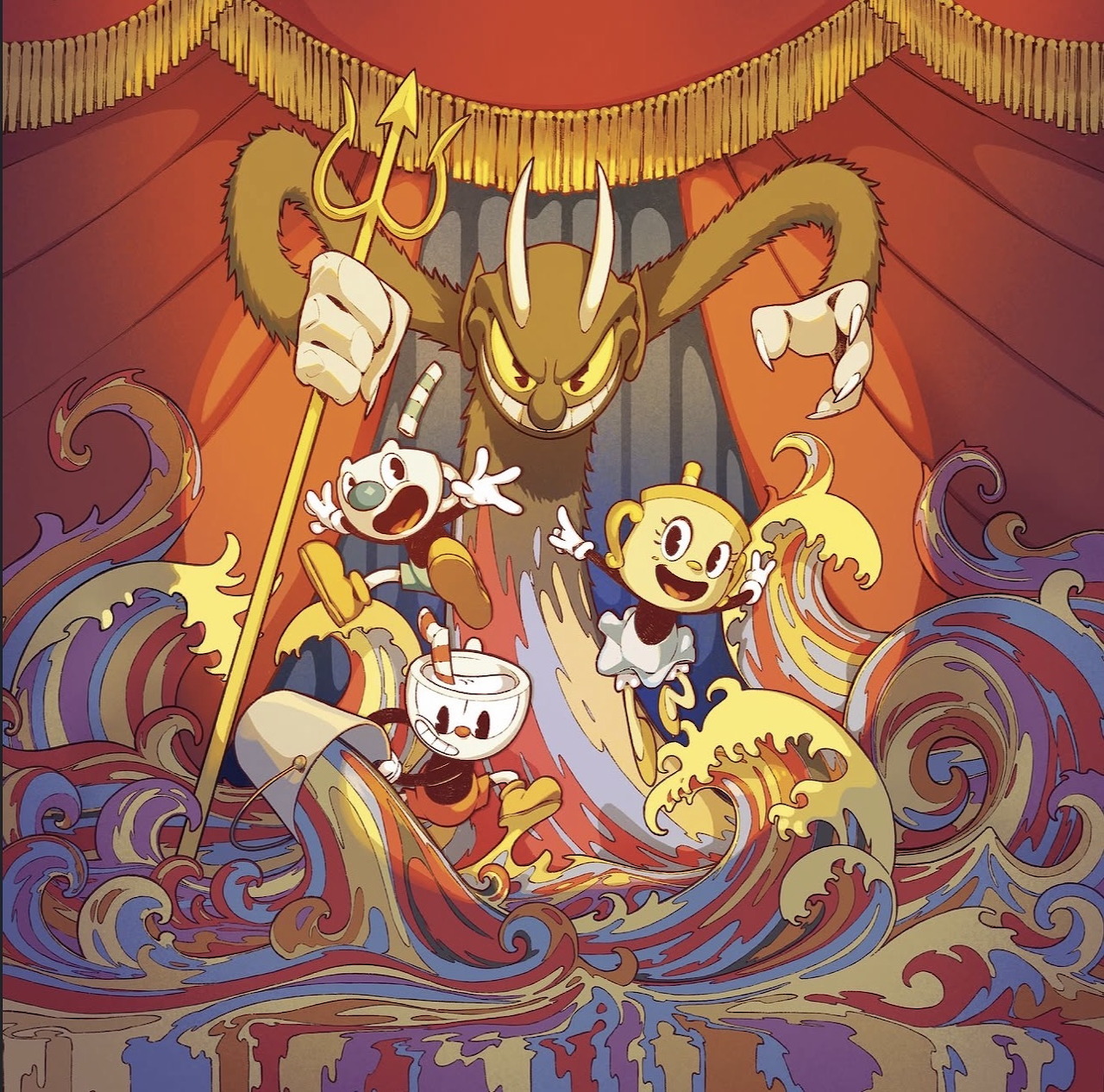 Cuphead and a yellow monkey-like character on a stage with purple swirls and a large trident