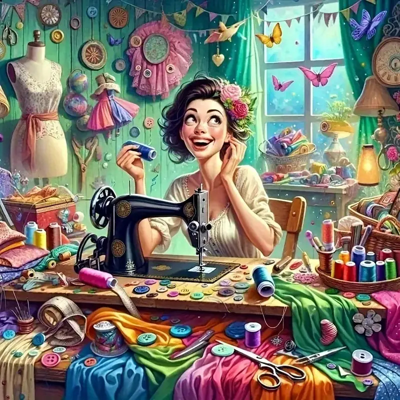 Smiling woman sewing at machine in colorful craft room with fabrics, threads, and butterflies by sunny window