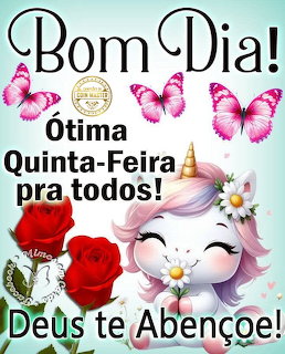 Portuguese greeting image with a smiling unicorn, butterflies, roses, and floral accents