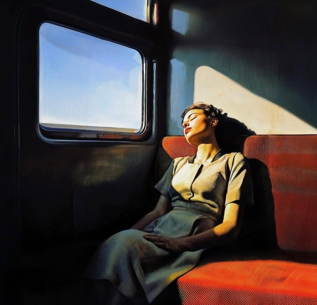 Painting of a woman sitting on a train seat in sunlight by a window