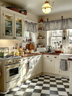Vintage country kitchen with white cabinets, checkered floor, retro stove, and gingham curtains