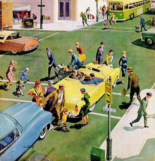 Vintage illustration of pedestrians crossing a street among 1950s cars and a trolley bus