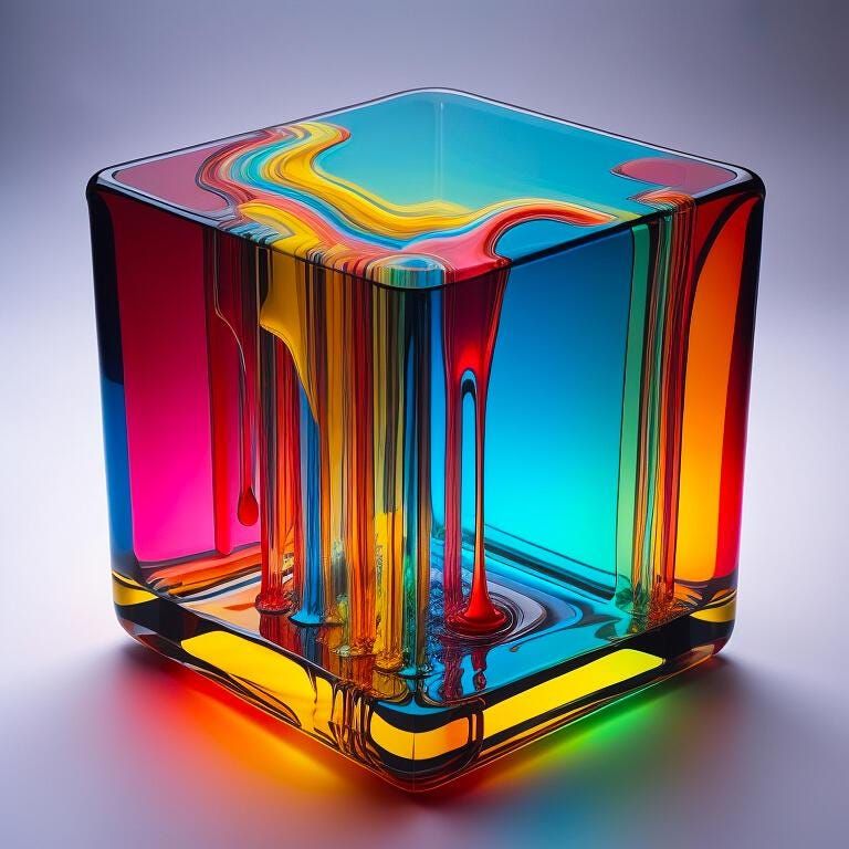 Transparent glass cube with vibrant rainbow colored light refractions and reflections