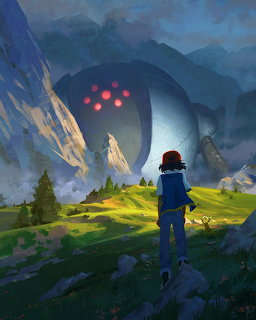 Trainer standing before giant Registeel Pokemon in mountain setting with glowing red pattern on its face