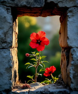 Red hibiscus flower viewed through rustic stone window frame with natural light and green bokeh background