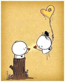 Cartoon drawing of two cute round characters sharing a heart with balloon on yellow swirl background
