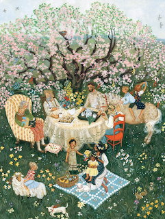 Family enjoying outdoor tea party under flowering trees in illustrated garden scene with children playing