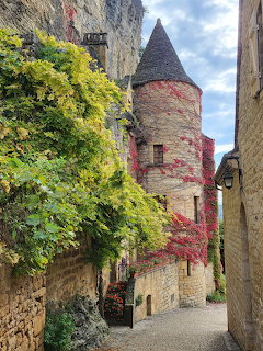 Medieval stone tower with red brick conical roof surrounded by green and pink foliage in French village