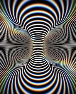 Black and white striped optical illusion forming a warped tunnel with concentric rings radiating from center