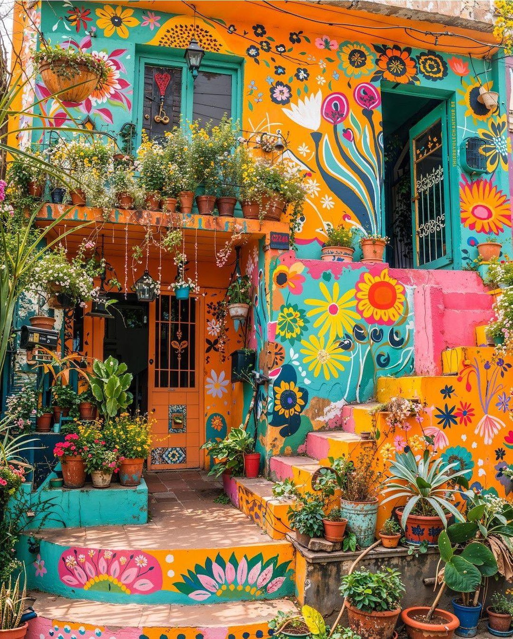 Brightly painted boho house entrance with sunflower murals, plants, and colorful decorative tiles
