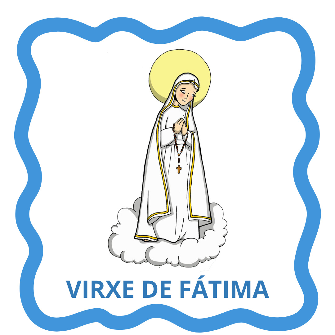 Illustration of Virxe de Fátima with halo, clouds, blue border, and text below