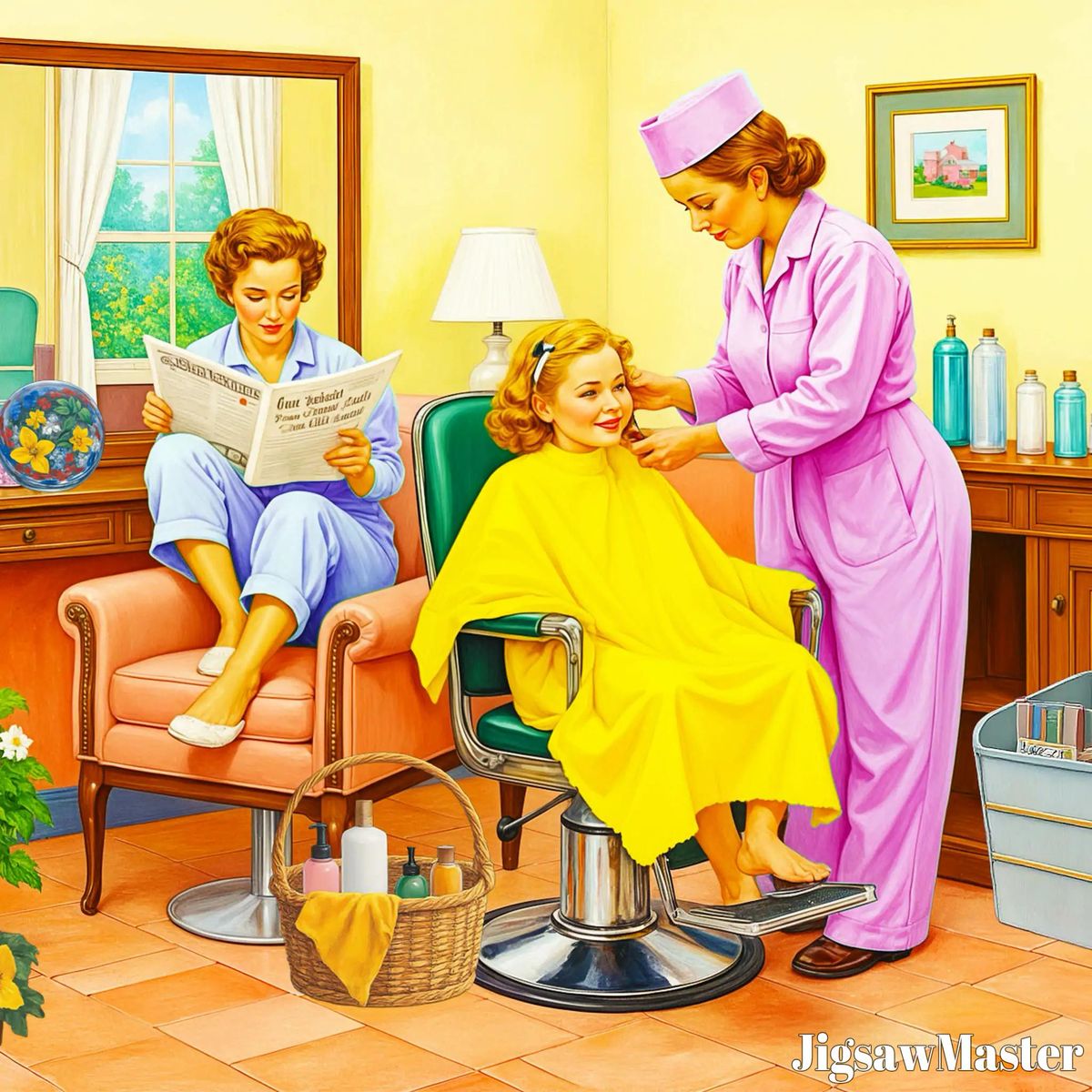 Vintage illustration of a woman in a salon chair getting her hair styled while another woman reads a newspaper