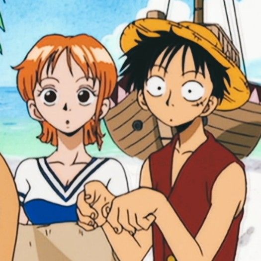 Anime characters Nami and Luffy holding hands on ship deck with blue sky background