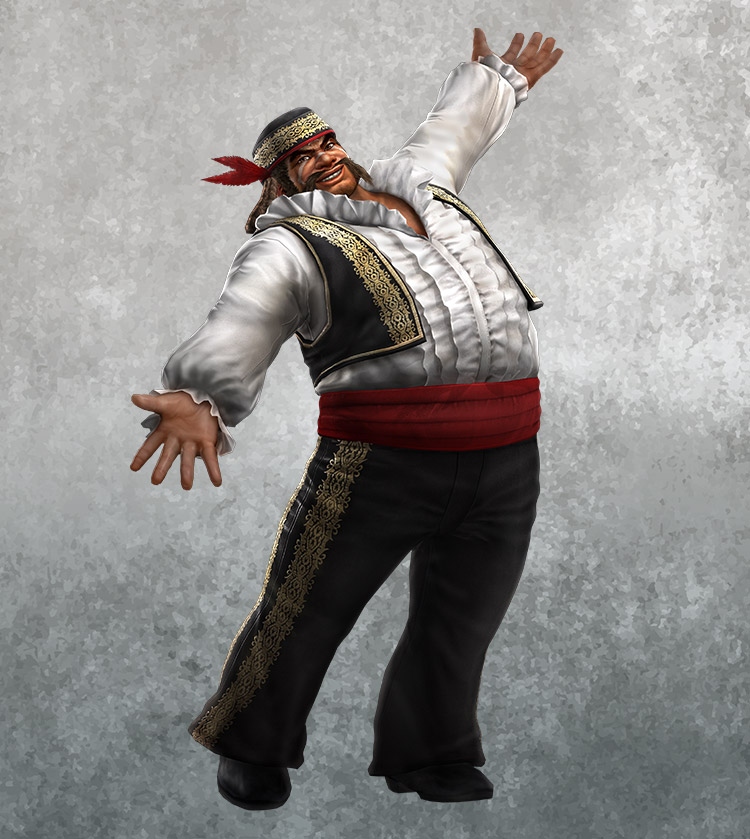 3D-rendered male warrior in a dramatic dancing pose against a gray textured background