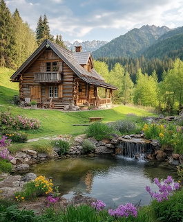 Wooden cabin near pond with waterfall, flowers, mountains and forest in background