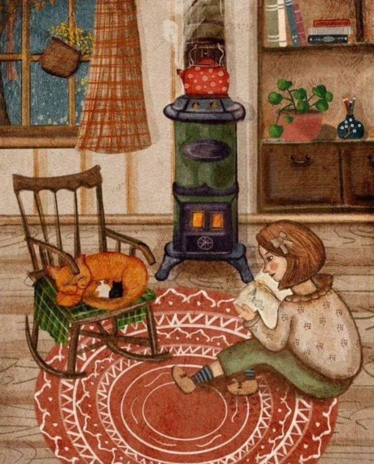 Illustration of a girl reading by a stove with a sleeping cat on a chair in a cozy room