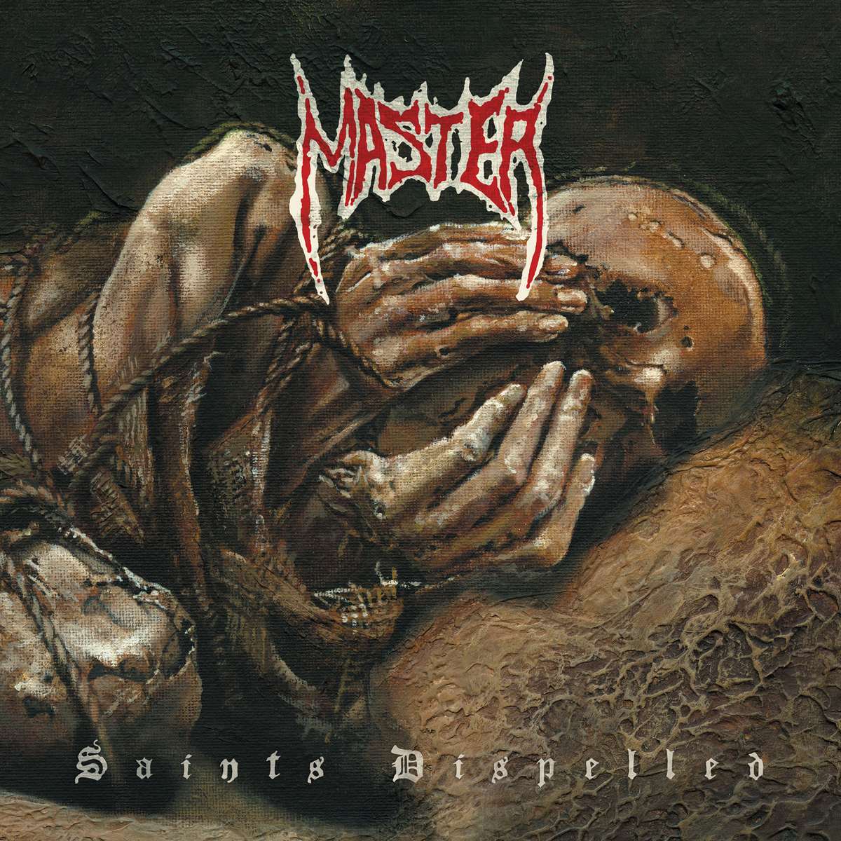 Dark painted album cover of a contorted figure covering its face with skeletal hands