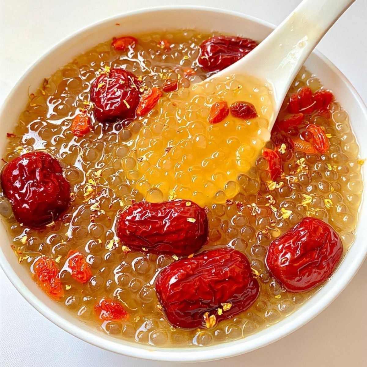 White bowl of sago pearl soup with red jujube dates and goji berries with a white spoon