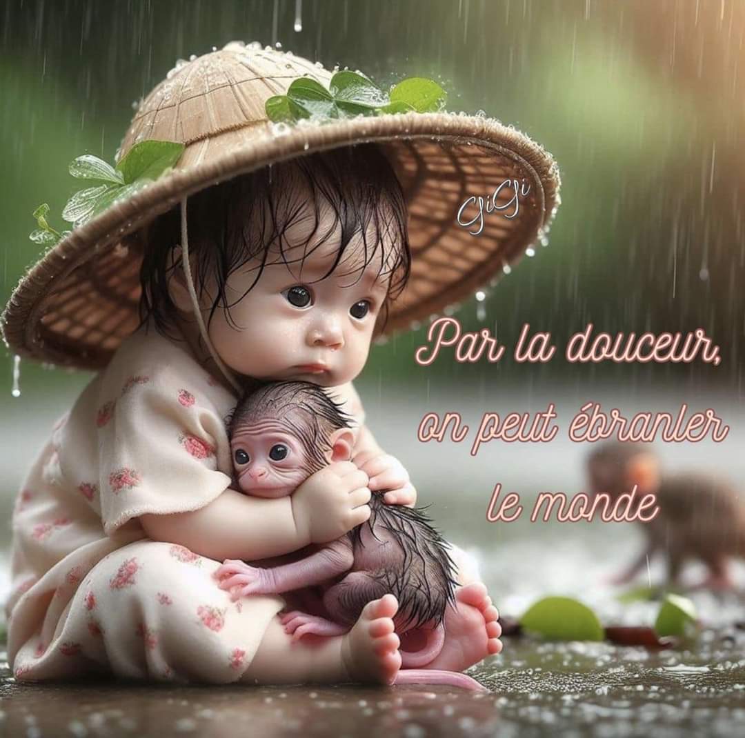 Child wearing straw hat gently hugging a baby sloth outdoors in rainfall