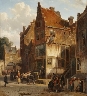 Painting of a Dutch street scene with old buildings, townspeople, and a horse cart by Cornelis Springer