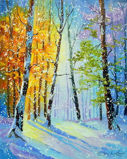 Impressionistic winter forest painting with snow-covered ground, tall trees, sunlight, and falling snow