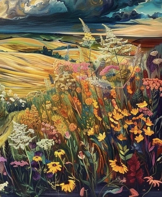 Colorful painting of wildflowers in prairie field under dark storm clouds with golden wheat and dramatic sky