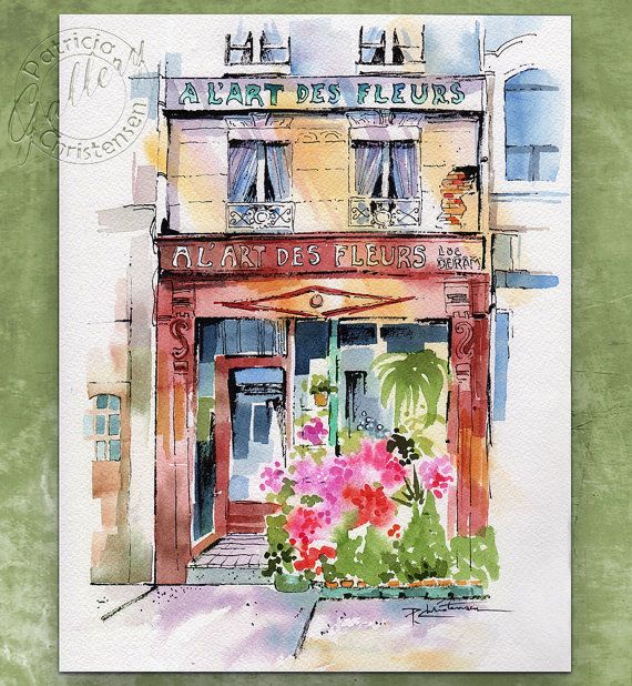 Watercolor painting of a French flower shop with sign 'A L'Art des Fleurs' and colorful flowers outside