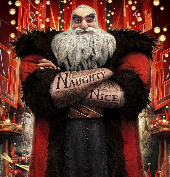 Animated Santa Claus with long white beard holding a naughty and nice list scroll in a festive setting