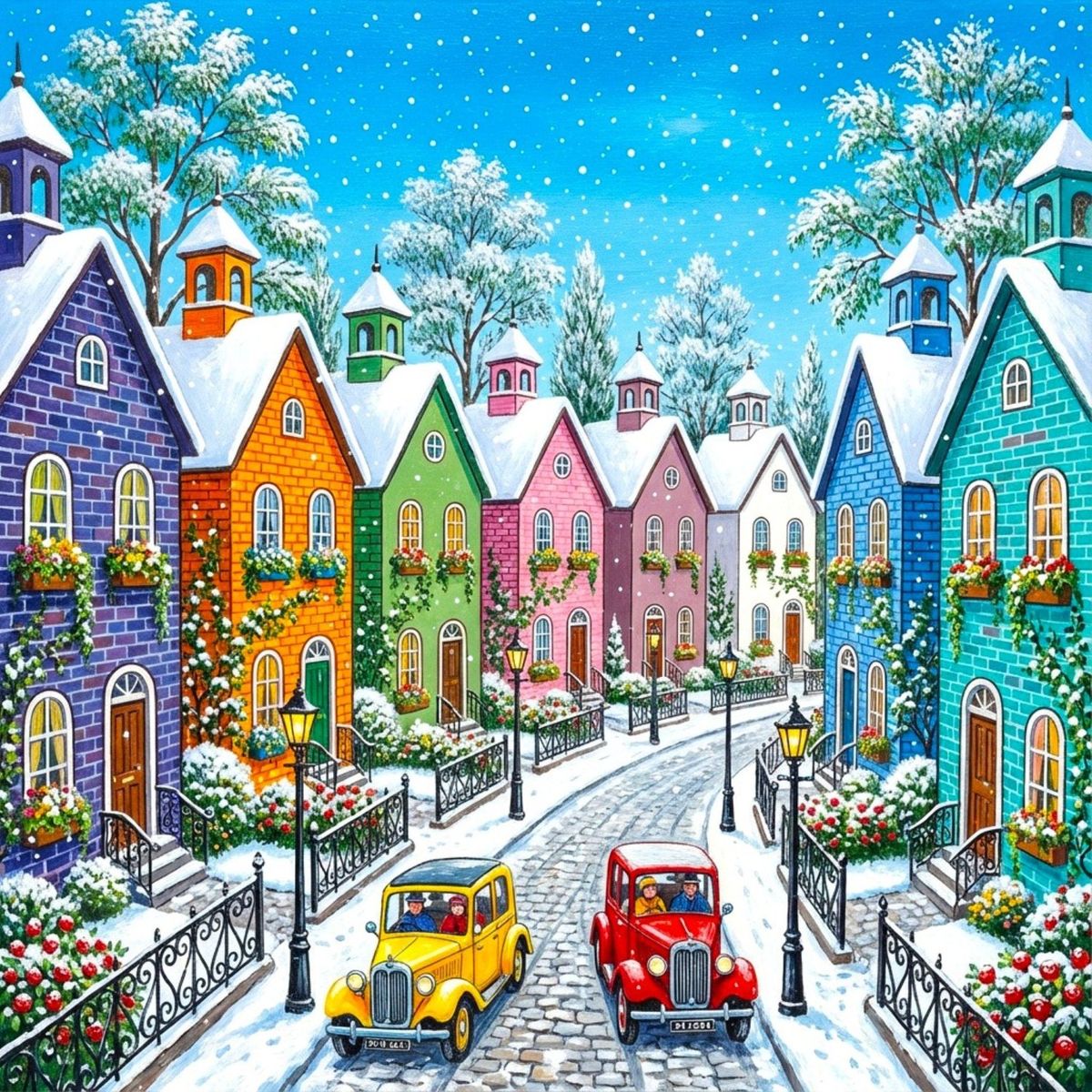 Colorful row houses with snow-covered roofs along winter street with vintage cars and snow-laden trees