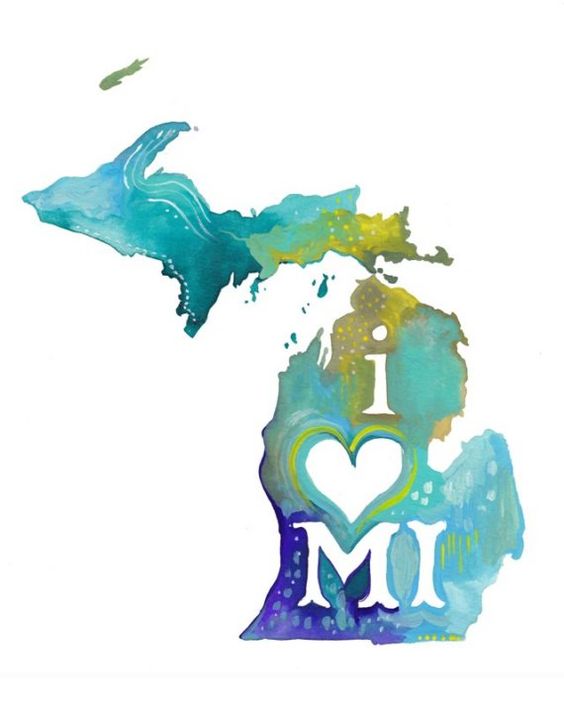 Watercolor Michigan state shape with I love MI heart text in teal and blue