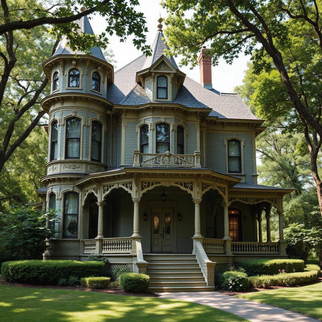 Victorian Queen Anne mansion with turret and wraparound porch in blue-gray with white trim
